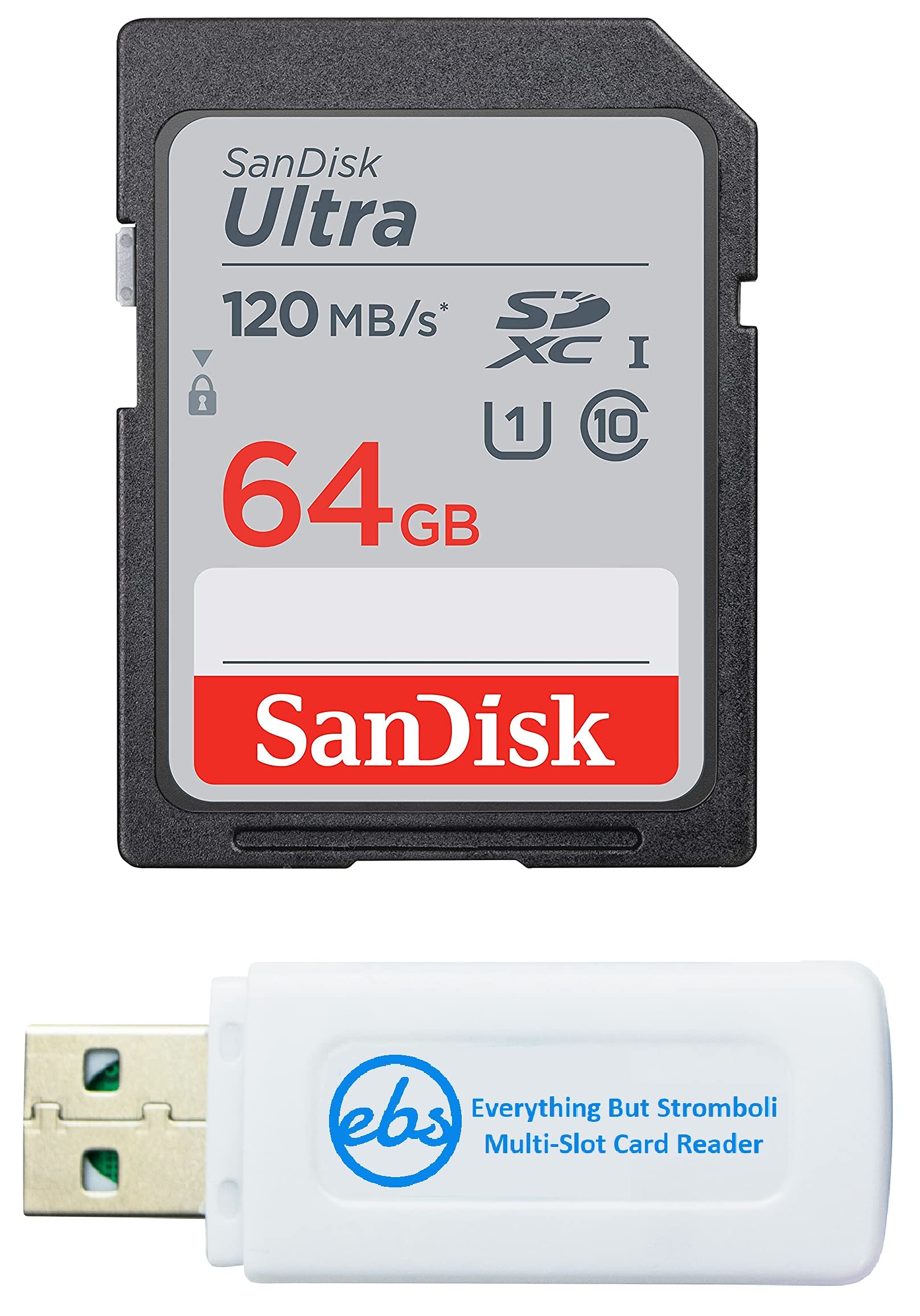 SanDisk 64GB SDXC SD Ultra Memory Card Works with Canon EOS Rebel T7, Rebel T6, 77D Digital Camera Class 10 (SDSDUN4-064G-GN6IN) Bundle with (1) Everything But Stromboli Combo Card Reader