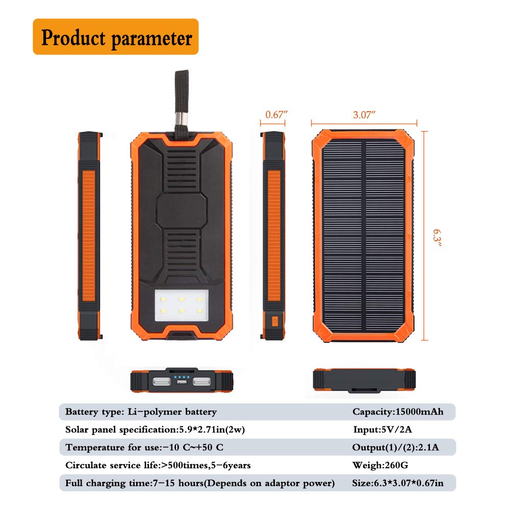 Solar Charger Power Bank, 15,000mAh External Battery Pack with Dual USB Ports and 6 LED Strong Light Flashlight，for iPhone, Smartphones, Tablets, Digital Cameras and More.