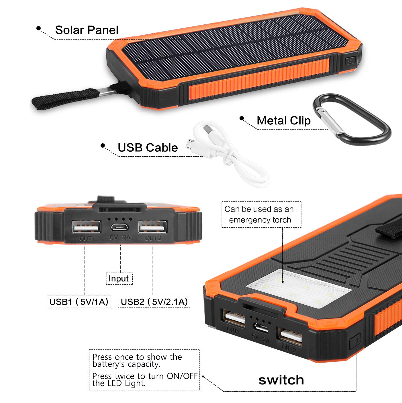 Solar Charger Power Bank, 15,000mAh External Battery Pack with Dual USB Ports and 6 LED Strong Light Flashlight，for iPhone, Smartphones, Tablets, Digital Cameras and More.