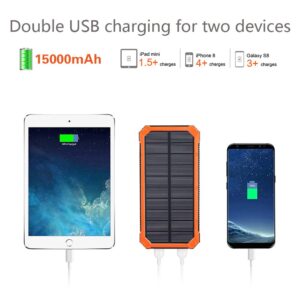 Solar Charger Power Bank, 15,000mAh External Battery Pack with Dual USB Ports and 6 LED Strong Light Flashlight，for iPhone, Smartphones, Tablets, Digital Cameras and More.