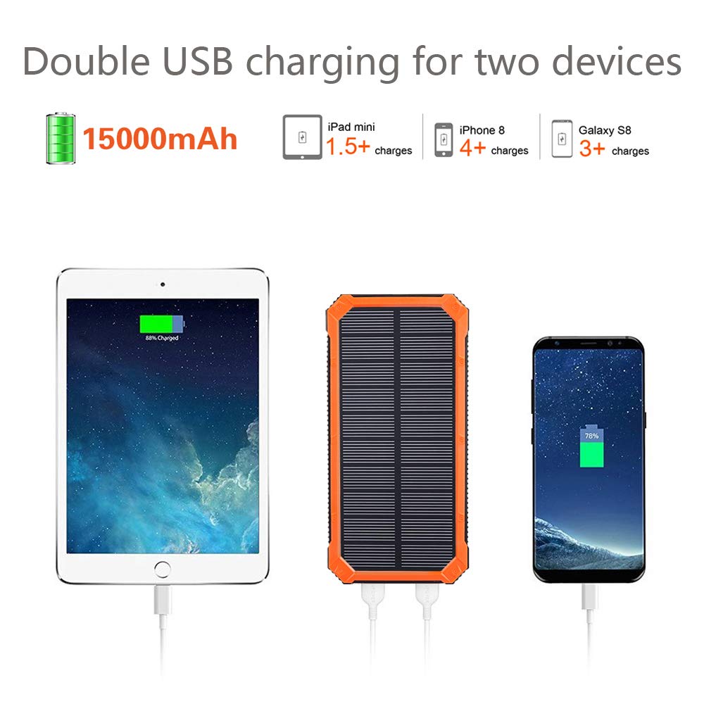 Solar Charger Power Bank, 15,000mAh External Battery Pack with Dual USB Ports and 6 LED Strong Light Flashlight，for iPhone, Smartphones, Tablets, Digital Cameras and More.