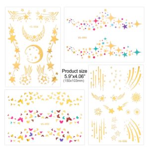 Konsait 7sheets Face Tattoo Sticker Metallic Temporary Transfer Tattoo Waterproof Face Jewel s for Women Girls Make Up Dancer Costume Parties, Shimmer Glitter Designs Gold Tattoos