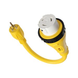 marvine cable shore power cord adapter dogbone 125v 15 amp nema 5-15p to 125v 50 amp nema ss1-50r female twist lock stw awg10/3 125v 15 amp 1875w max. pigtail 1.5ft with led power indicator