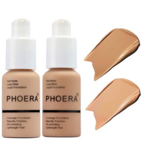 bestland 2pack phoera foundation full coverage liquid foundation cream - long-lasting lightweight concealer - oil-free formula - natural shade - suitable for all skin types (104 buff beige & 105 sand)