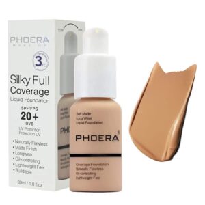 BestLand 2Pack PHOERA Foundation Full Coverage Liquid Foundation Cream - Long-lasting Lightweight Concealer - Oil-Free Formula - Natural Shade - Suitable for All Skin Types (104 Buff Beige & 105 Sand)