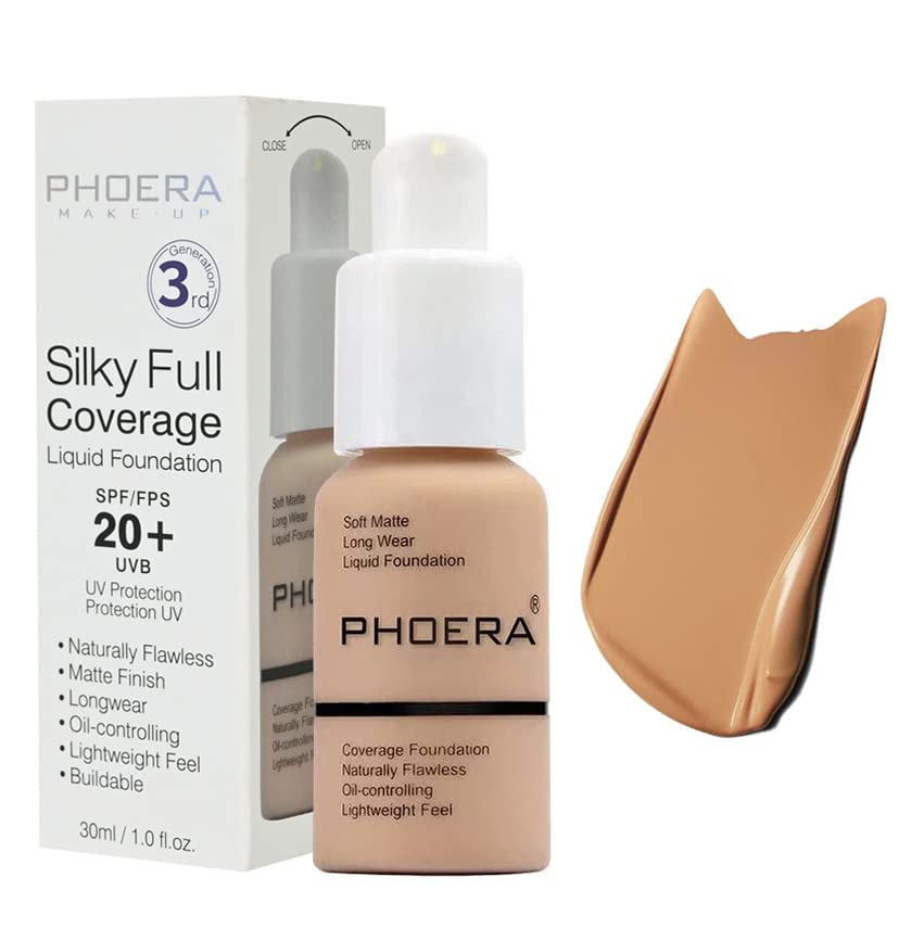 BestLand 2Pack PHOERA Foundation Full Coverage Liquid Foundation Cream - Long-lasting Lightweight Concealer - Oil-Free Formula - Natural Shade - Suitable for All Skin Types (104 Buff Beige & 105 Sand)