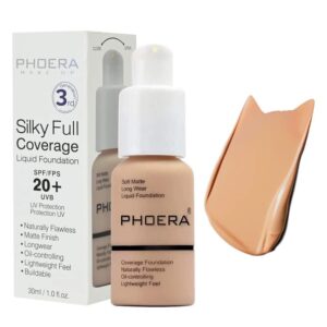 BestLand 2Pack PHOERA Foundation Full Coverage Liquid Foundation Cream - Long-lasting Lightweight Concealer - Oil-Free Formula - Natural Shade - Suitable for All Skin Types (104 Buff Beige & 105 Sand)