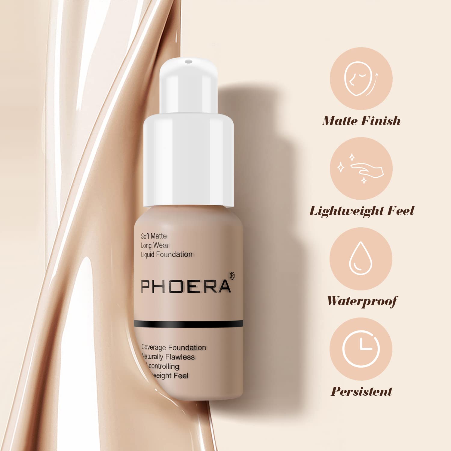 BestLand 2Pack PHOERA Foundation Full Coverage Liquid Foundation Cream - Long-lasting Lightweight Concealer - Oil-Free Formula - Natural Shade - Suitable for All Skin Types (104 Buff Beige & 105 Sand)