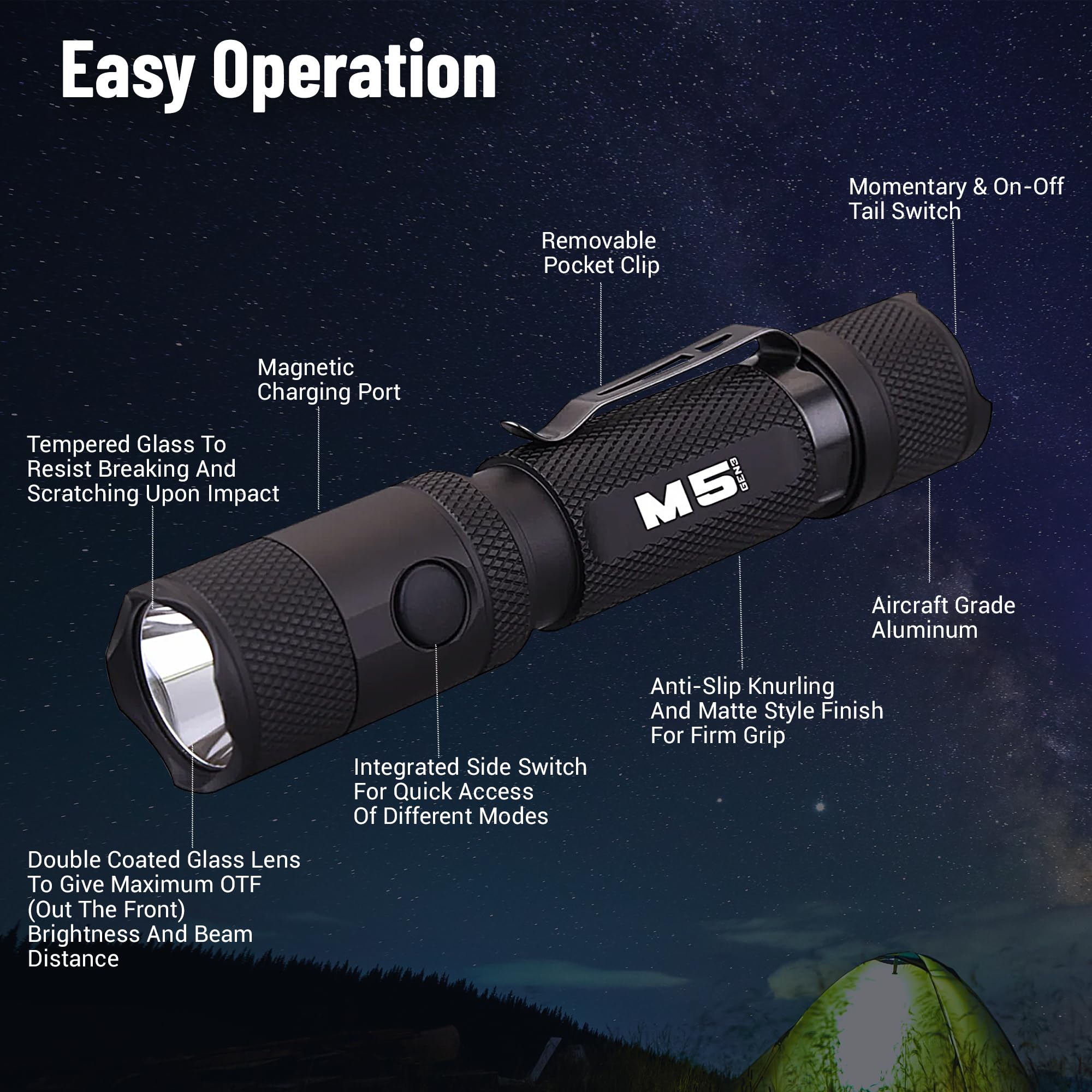 PowerTac M5 GEN3 - The Crescent Wrench of Tactical LED Rechargeable Flashlights. Intense 2030 Lumens, 330M Throw with Ample Fill for Closer Distances, Enhanced Magnetic Charging