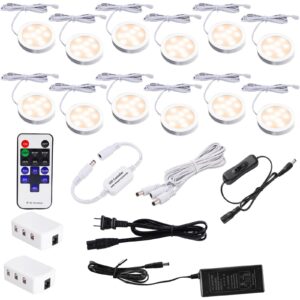 aiboo under cabinet lighting kit, plug in led puck lights with wireless dimmable rf remote control,12v stick on lights for kitchen counter, closet and shelves(12 kit,warm white)