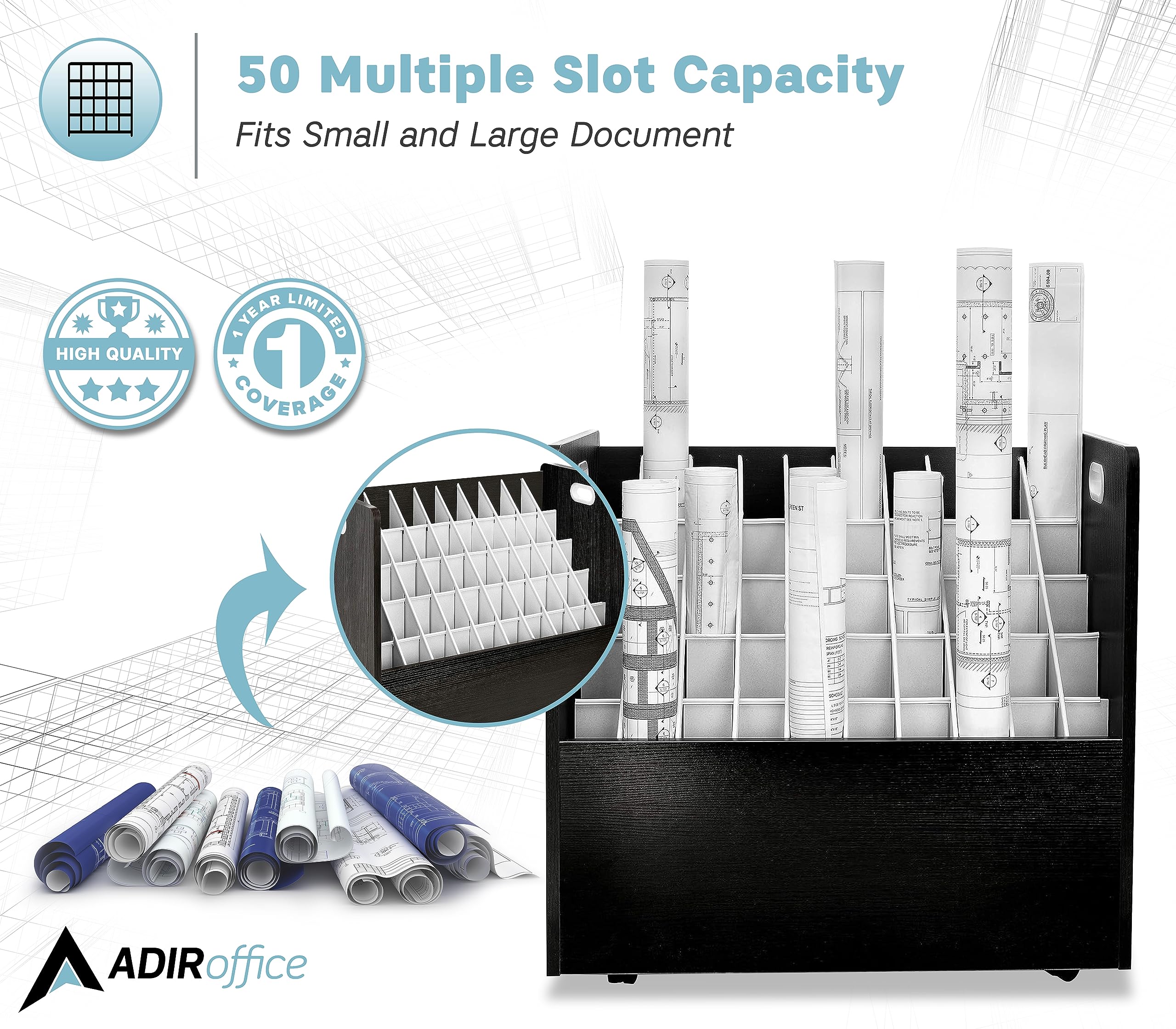 Adir Mobile Blueprint Roll File Holder - Mobile Roll File Organizer Cart for Home Office or School. 50 Slots Blueprint File Holder with Wheels for Maps, Plans, Posters