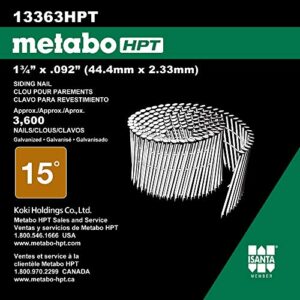 Metabo HPT Siding Nails | 1-3/4 Inch x .092 | 15 Degree | Full Round Head | Ring Shank | Wire Coil | Hot Dipped Galvanized | Total 3,600 Count | 13363HPT (Pack of 1)