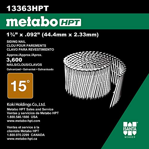 Metabo HPT Siding Nails | 1-3/4 Inch x .092 | 15 Degree | Full Round Head | Ring Shank | Wire Coil | Hot Dipped Galvanized | Total 3,600 Count | 13363HPT (Pack of 1)