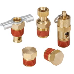 hromee 5 piece 1/4 inch compressor air tank port fittings drain valve kit with solid brass hex head plugs winged style and twist style petcock 140 psi safety valve