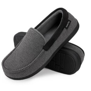men's comfort memory foam moccasin slippers breathable cotton knit terry cloth house shoes (10 d(m) us, dark gray)