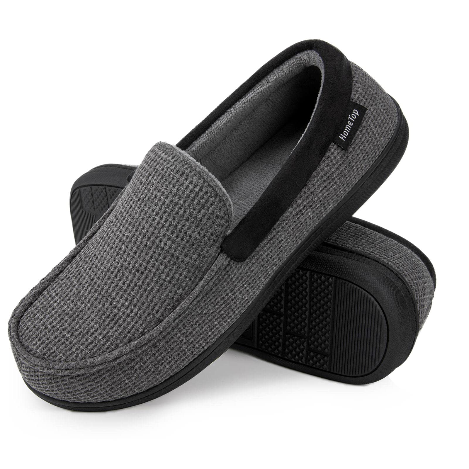 Men's Comfort Memory Foam Moccasin Slippers Breathable Cotton Knit Terry Cloth House Shoes (10 D(M) US, Dark Gray)