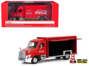 coca-cola 1/50 beverage delivery truck with 2 sliding doors, handcart and 2 bottle cases