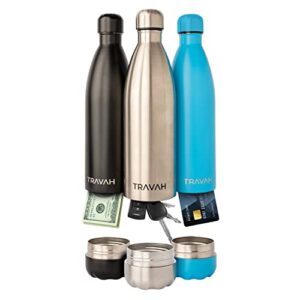 travah travel water bottle stainless steel water bottle with storage for cash, keys, valuables insulated water bottle for men and women hot and cold water bottle leak-proof water bottle (silver)