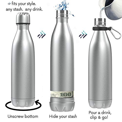 Travah Travel Water Bottle Stainless Steel Water Bottle with Storage for Cash, Keys, Valuables Insulated Water Bottle for Men and Women Hot and Cold Water Bottle Leak-Proof Water Bottle (Silver)