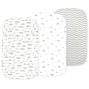 baby bassinet sheet set for boy and girl, 3 pack organic universal fitted for oval, hourglass & rectangle bassinet mattress, fitted sheets size 32 x 16 x 4 inches, grey-white
