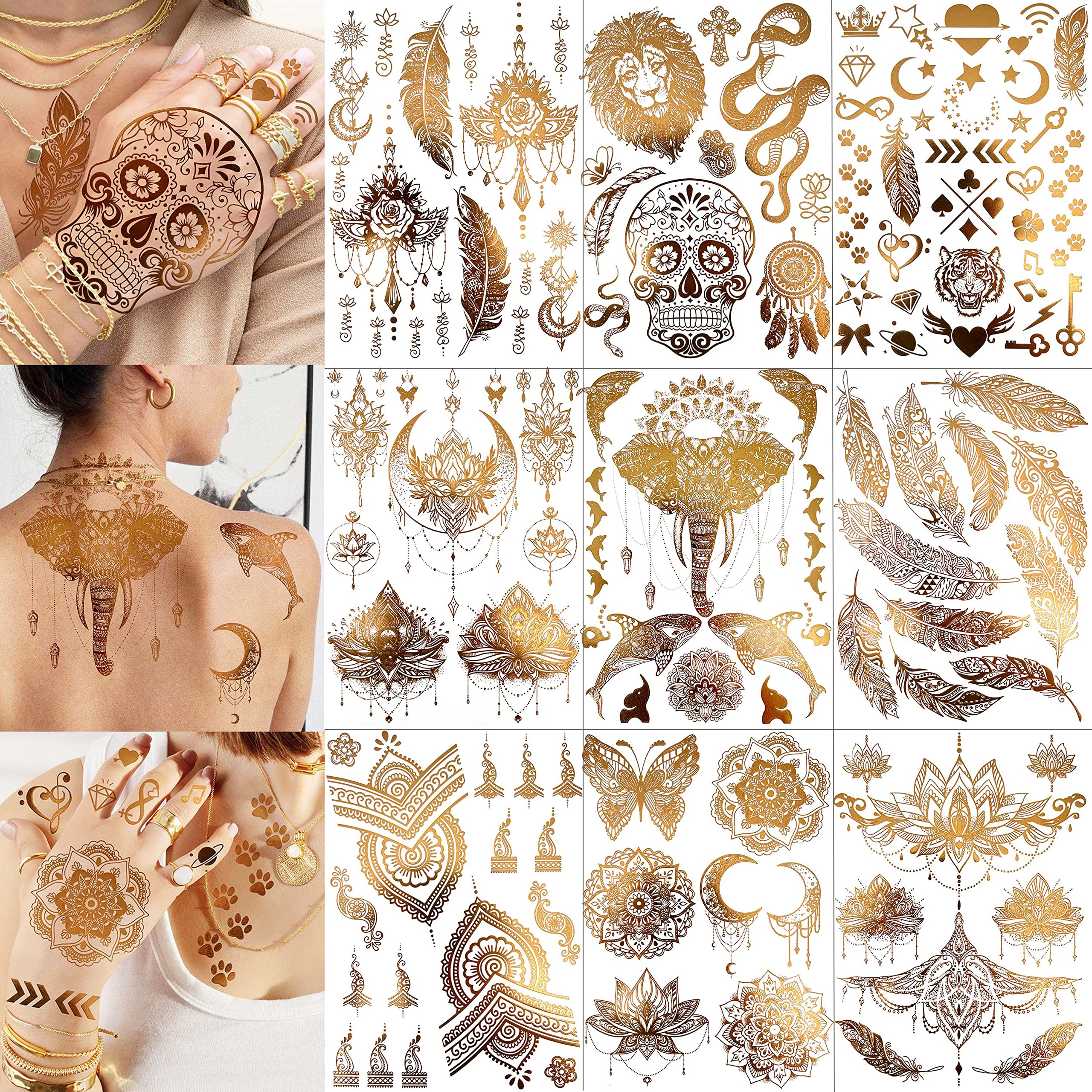 COKTAK 9 Sheets 88+ Designs Large Gold Metallic Temporary Tattoos For Women Boobs Girls Adults, 3D Flash Fake Golden Tattoo Stickers Eleplant, Tribal Bohemia Glitter Snake Tattoos Moon Lotus Body Art