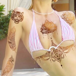 COKTAK 9 Sheets 88+ Designs Large Gold Metallic Temporary Tattoos For Women Boobs Girls Adults, 3D Flash Fake Golden Tattoo Stickers Eleplant, Tribal Bohemia Glitter Snake Tattoos Moon Lotus Body Art