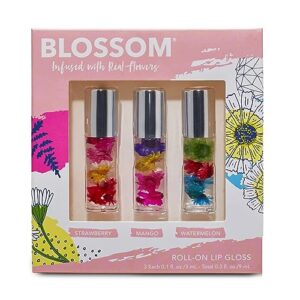 blossom scented roll on lip gloss, infused with real flowers, made in usa, 0.3 fl. oz./9ml, 3 pack mini gift set, strawberry, watermelon, mango