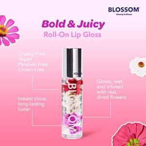 Blossom Scented Roll on Lip Gloss, Infused with Real Flowers, Made in USA, 0.3 fl. oz./9ml, 3 pack Mini Gift Set, Strawberry, Watermelon, Mango