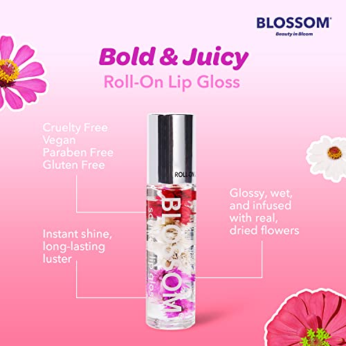 Blossom Scented Roll on Lip Gloss, Infused with Real Flowers, Made in USA, 0.3 fl. oz./9ml, 3 pack Mini Gift Set, Strawberry, Watermelon, Mango