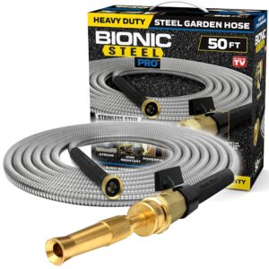 bionic steel pro 50 ft garden hose with nozzle, 304 stainless steel metal water hose 50ft, flexible hose, kink free, lightweight and durable, crush resistant fitting, easy to coil, 500 psi 2024 model