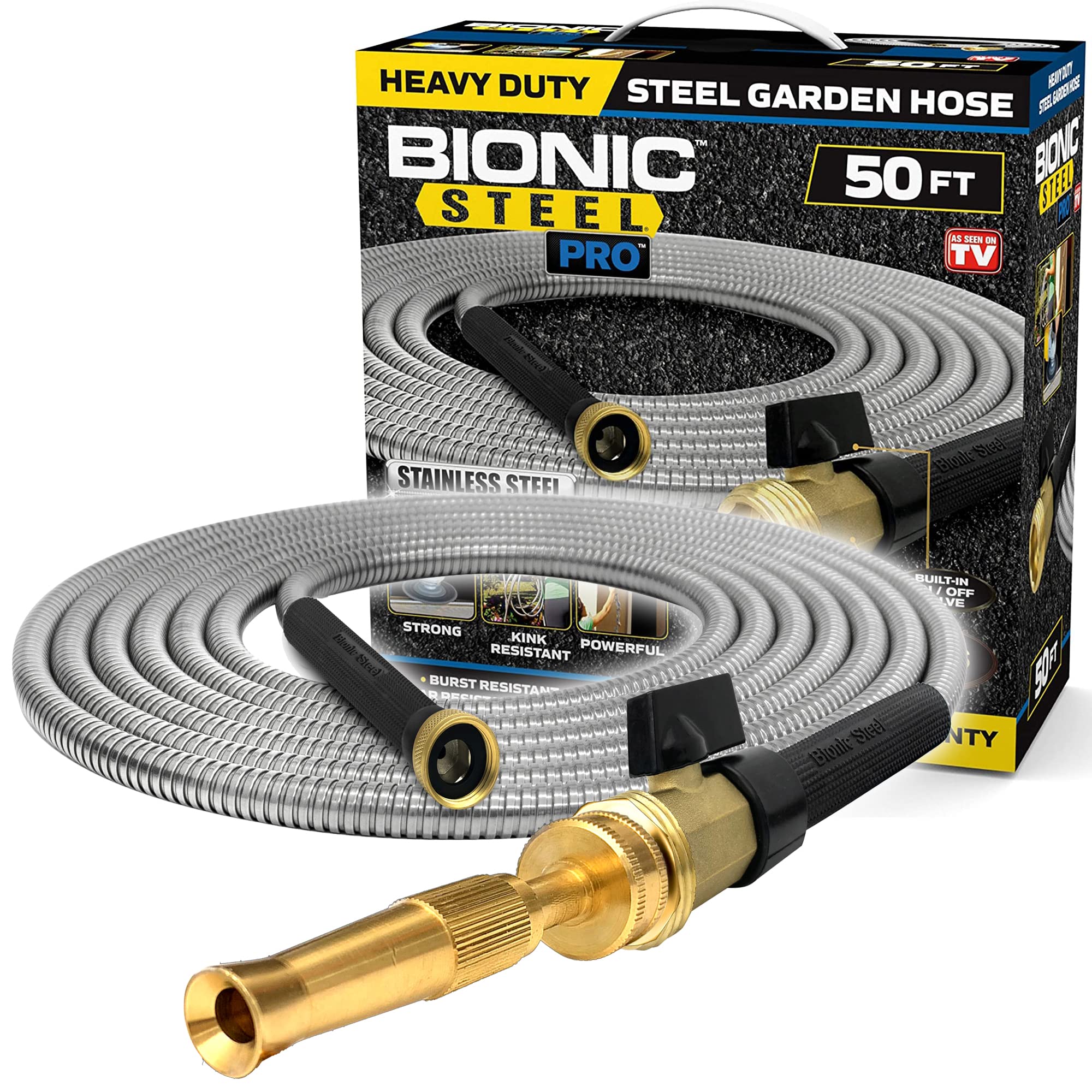 Bionic Steel Pro 50 FT Garden Hose with Nozzle, 304 Stainless Steel Metal Water Hose 50Ft, Flexible Hose, Kink Free, Lightweight and Durable, Crush Resistant Fitting, Easy to Coil, 500 PSI 2024 Model