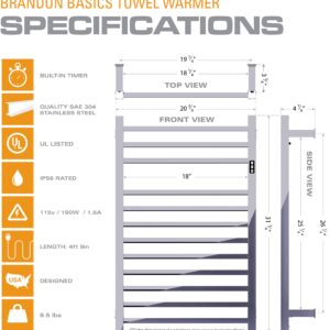 Brandon Basics Wall Mounted Electric Towel Warmer with Built-in Timer and Hardwired and Plug in Options (Brushed)