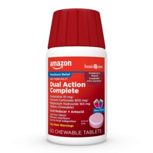 amazon basic care dual action complete, chewable acid reducer plus antacid tablets, berry flavor, heartburn medicine, acid indigestion relief, 50 count
