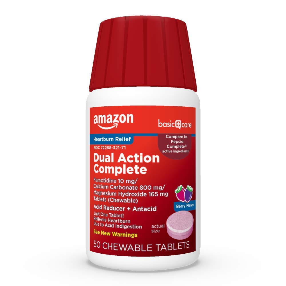 Amazon Basic Care Dual Action Complete, Chewable Acid Reducer Plus Antacid Tablets, Berry Flavor, Heartburn Medicine, Acid Indigestion Relief, 50 Count