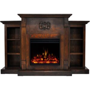 cambridge sanoma 72 inch freestanding electric fireplace heater with traditional mantel, built-in bookshelves, colorful flames, timer, remote control, deep log display, walnut