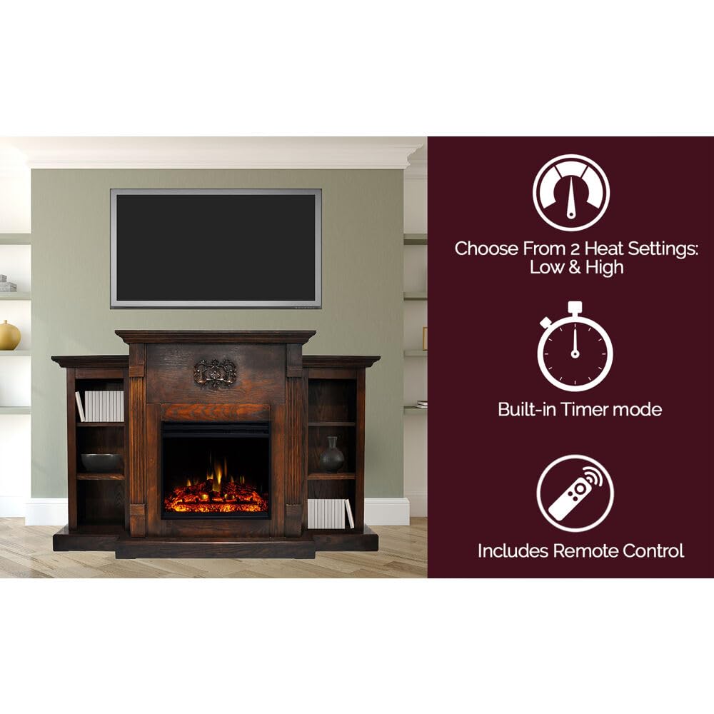 Cambridge Sanoma 72 Inch Freestanding Electric Fireplace Heater with Traditional Mantel, Built-in Bookshelves, Colorful Flames, Timer, Remote Control, Deep Log Display, Walnut