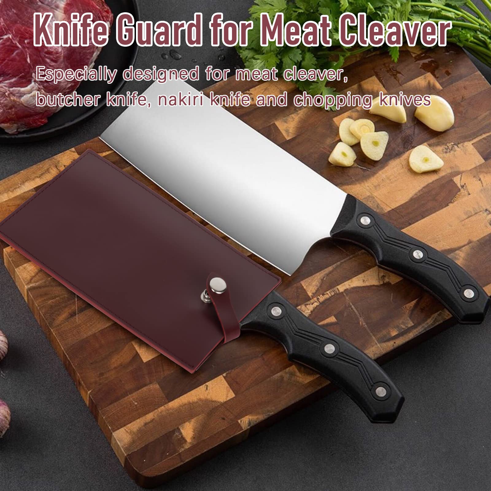 Ozzptuu Enduring PU Leather Meat Cleaver Sheath Heavy Duty Chef Knife Guard Butcher Chef Wide Knives Blade Edge Protectors (Red)