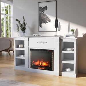 della electric faux fireplace tv stand mantel heater, entertainment center with built-in bookshelves and cabinets, remote control and enhanced log display - white