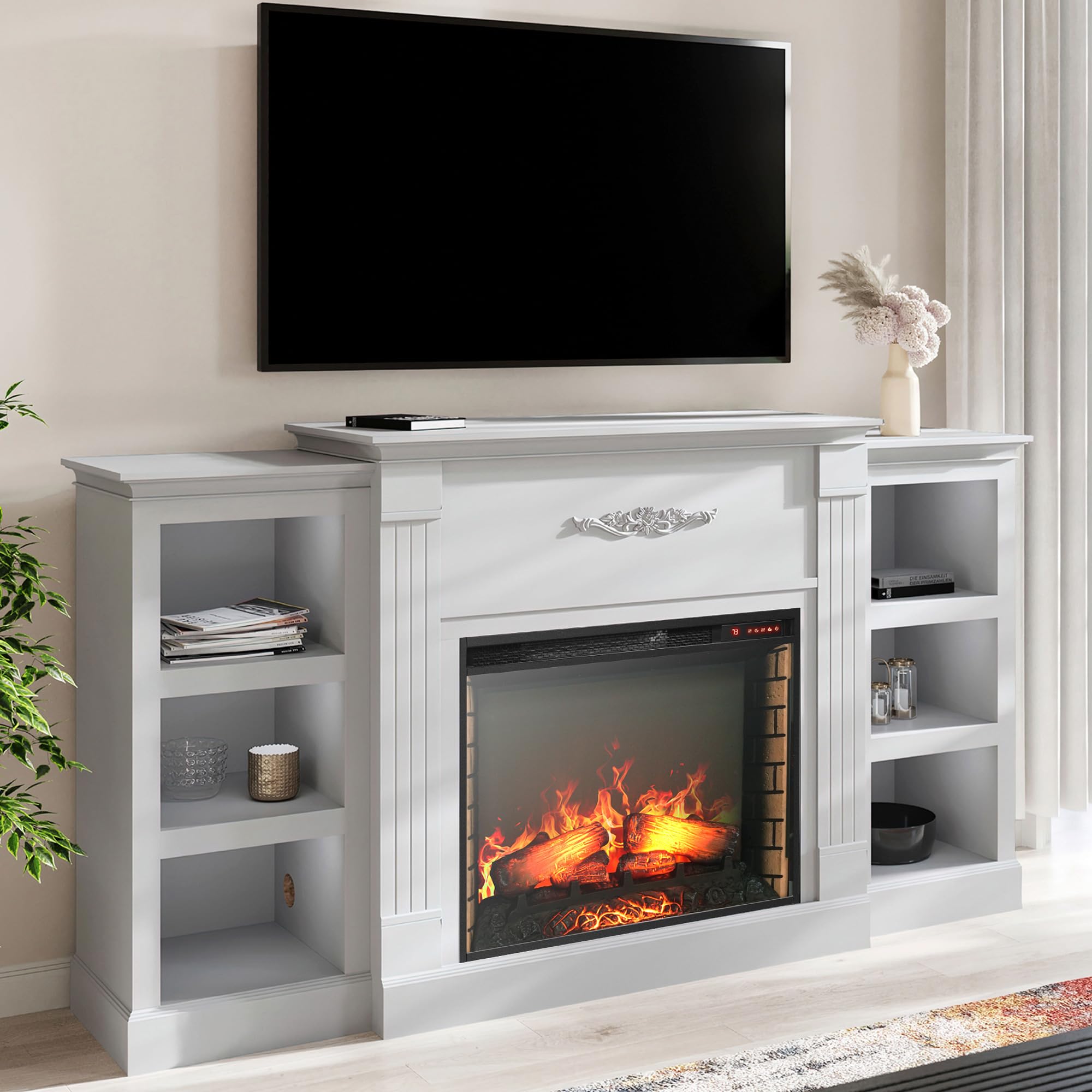 Della Electric Faux Fireplace TV Stand Mantel Heater, Entertainment Center with Built-In Bookshelves and Cabinets, Remote Control and Enhanced Log Display - White