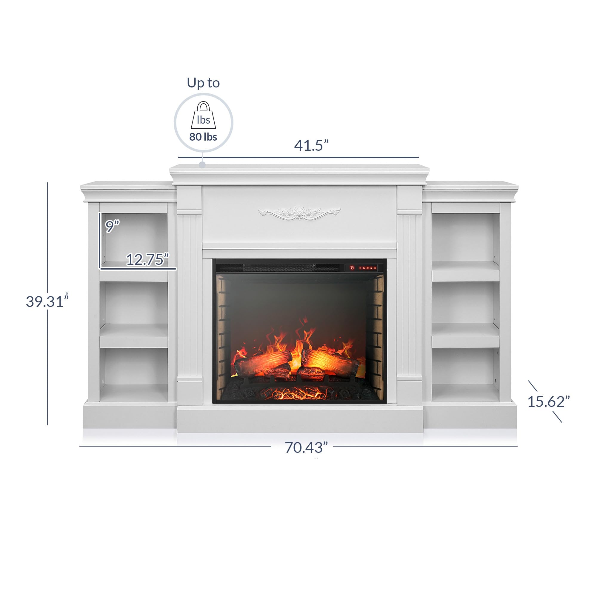 Della Electric Faux Fireplace TV Stand Mantel Heater, Entertainment Center with Built-In Bookshelves and Cabinets, Remote Control and Enhanced Log Display - White