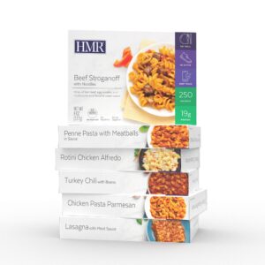 hmr customer favorites entrée pack | pre-packaged lunch or dinner | pack of 6 ready to eat meals | 12-20 grams of protein per entrée | low calorie food | 7-8oz servings per meal