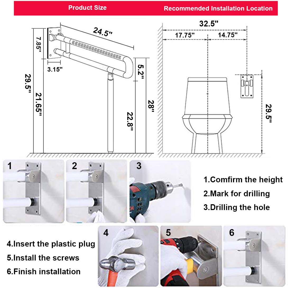 Foldable Toilet Grab Bar 304 Stainless Steel Shower Handrails Anti Slip Bathroom Seat Support Bar Flip-Up Bathtub Grab Arm Bar Hand Grip