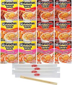 maruchan ramen instant lunch variety, 12 count, 6 flavors with by the cup chopsticks