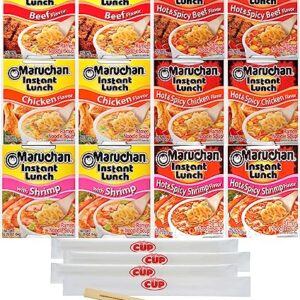 Maruchan Ramen Instant Lunch Variety, 12 Count, 6 Flavors with By The Cup Chopsticks