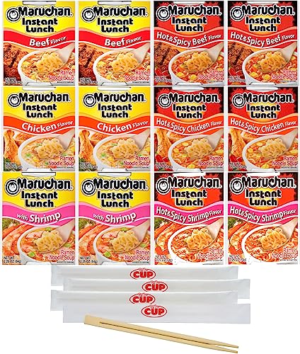 Maruchan Ramen Instant Lunch Variety, 12 Count, 6 Flavors with By The Cup Chopsticks