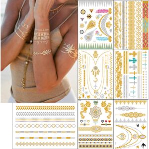 7 large sheets temporary tattoos gold silver glitter henna metallic tattoo stickers for women girls body hands shoulders back chest legs boho gold silver removable tattoos (style 1)