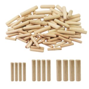 luckkyme, 400pcs 1/4” 5/16” 3/8" l fluted wood dowel pins beveled ends tapered for easier insertion straight grooved pins for furniture door and art projects