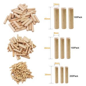 Luckkyme, 400pcs 1/4” 5/16” 3/8" L Fluted Wood Dowel Pins Beveled Ends Tapered for Easier Insertion Straight Grooved Pins for Furniture Door and Art Projects