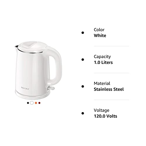 Secura Stainless Steel Double Wall Electric Kettle Water Heater for Tea Coffee w/Auto Shut-Off and Boil-Dry Protection, 1.0L (White)