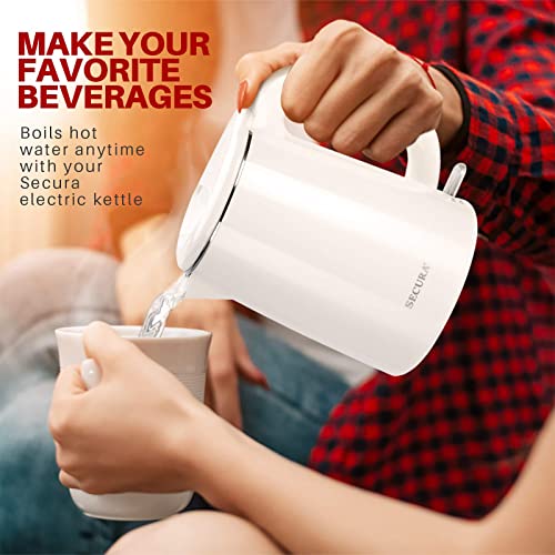 Secura Stainless Steel Double Wall Electric Kettle Water Heater for Tea Coffee w/Auto Shut-Off and Boil-Dry Protection, 1.0L (White)